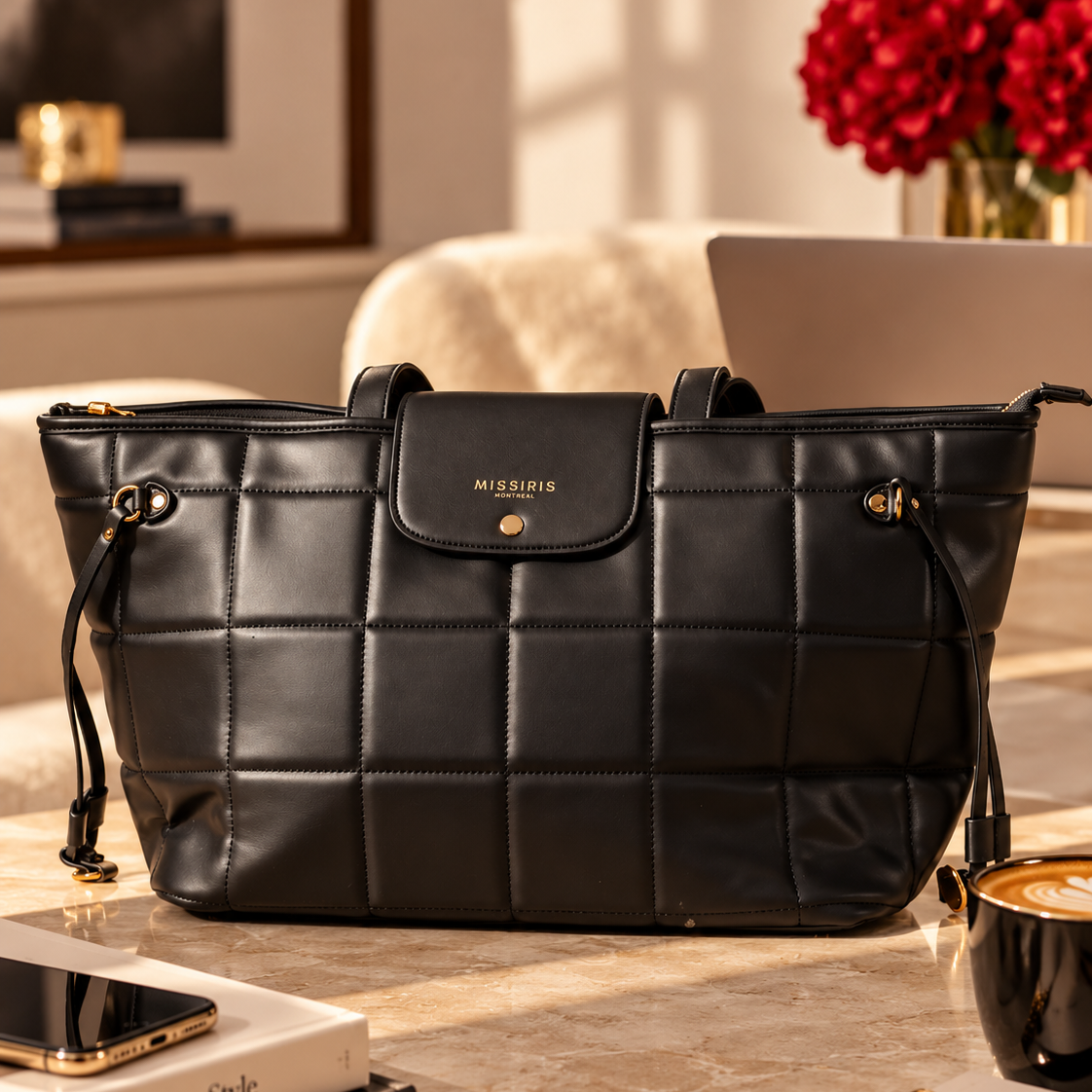 Miss Jackie - Black (Quilted Vegan Leather Tote Bag)