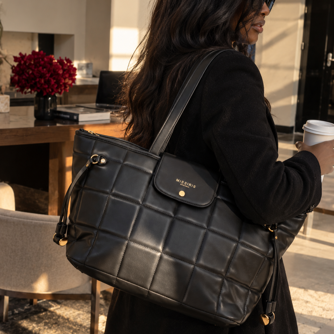 Miss Jackie - Black (Quilted Vegan Leather Tote Bag)