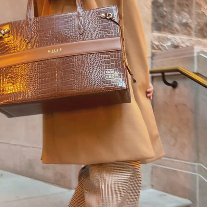 Miss Boss - Brown (Structured Croc-Embossed Vegan Leather Tote Bag)