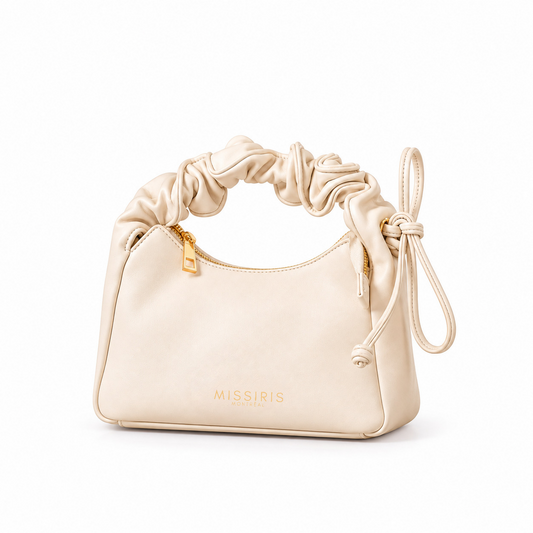 Miss Olivia - Cream (Vegan Leather Handbag with Adjustable Ruched Handle – Hand or Shoulder Carry)