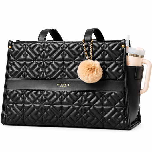 Miss Aurora - Noir (Sac fourre-tout matelassé en cuir végane avec porte-gourde intégré)