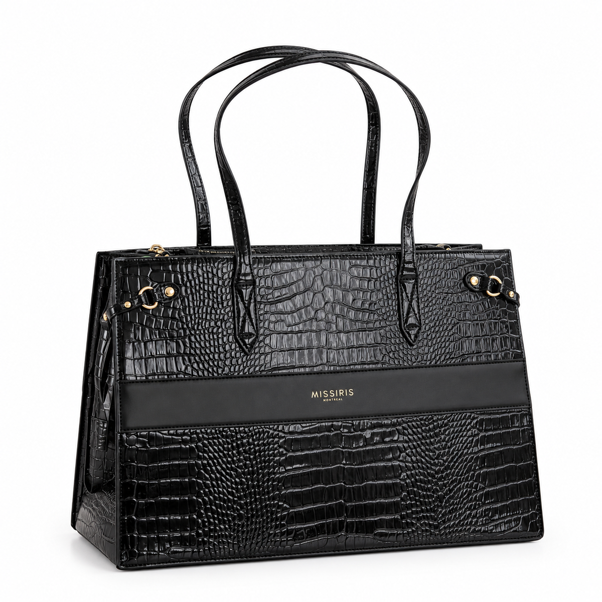 Miss Boss - Black (Structured Croc-Embossed Vegan Leather Tote Bag)