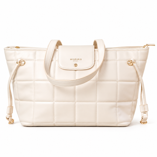 Miss Jackie - Cream (Quilted Vegan Leather Tote Bag)