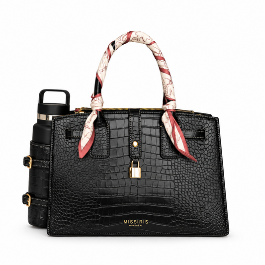 Miss Dahlia - Noir (Sac à main vegan effet croco avec porte-bouteille amovible)
