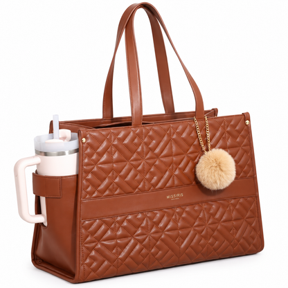 Miss Aurora - Marron (Sac fourre-tout matelassé en cuir végane avec porte-gourde intégré)